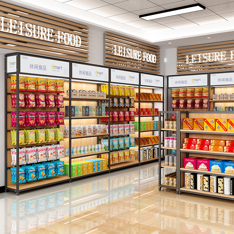 货架展示架多层可调节化妆品陈列展柜四柱木纹超市货架产品展示柜